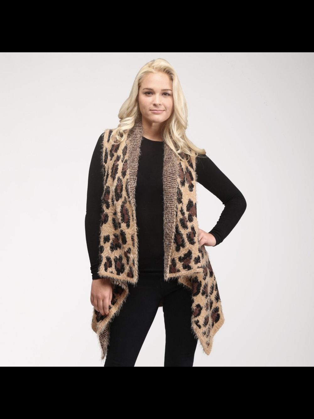 Leopard Print Fuzzy Mohair Fur Drape Front Vest - Beige & Black - One Size